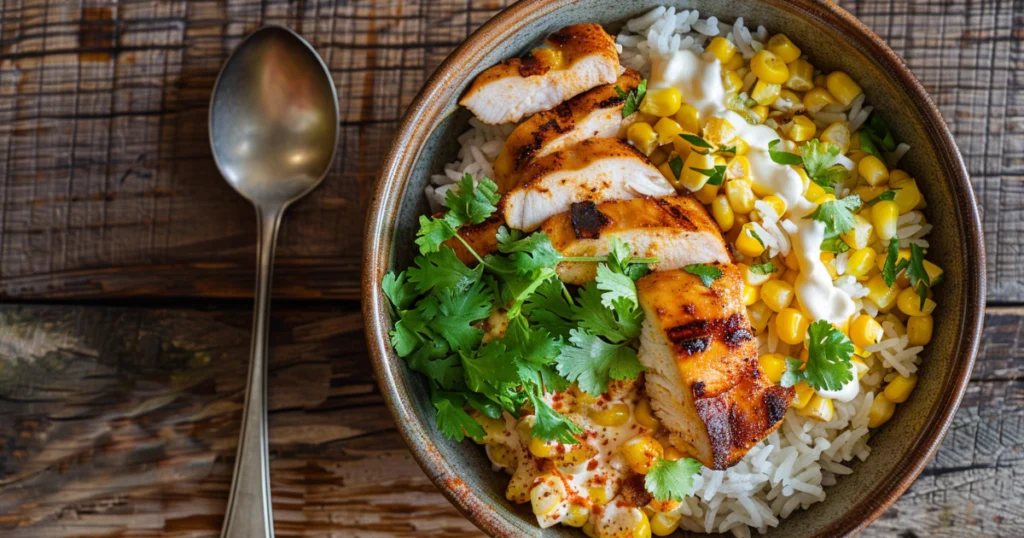 street corn chicken rice bowl